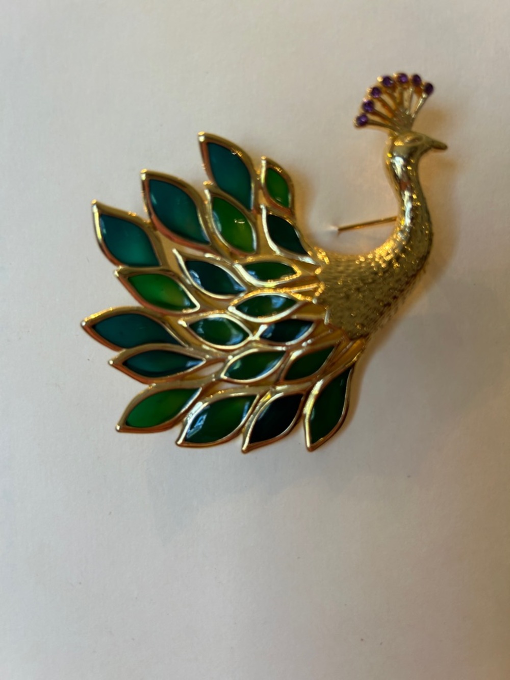 Gold Peacock Brooch with Green and Teal Enamel Feathers